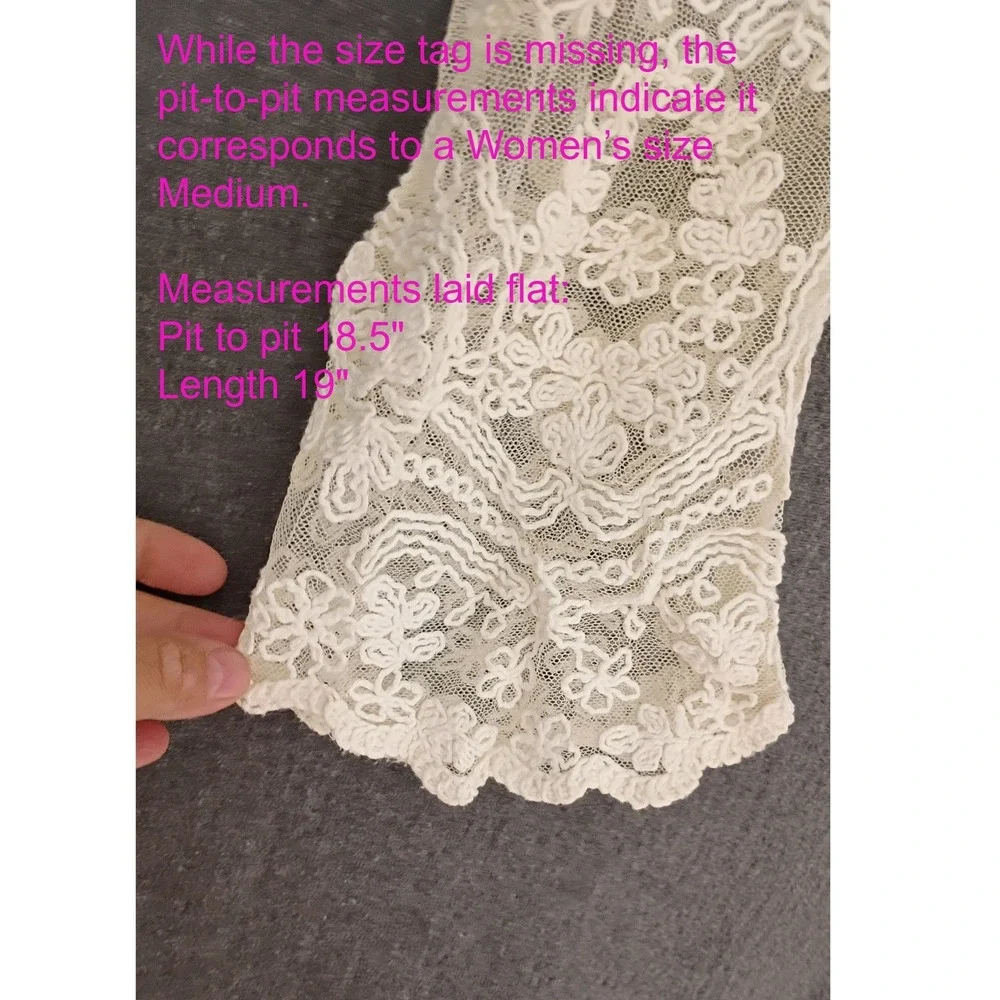 100% Cotton Embroidered Lace Bell Sleeve Size M Cardigan Cottagecore Boho